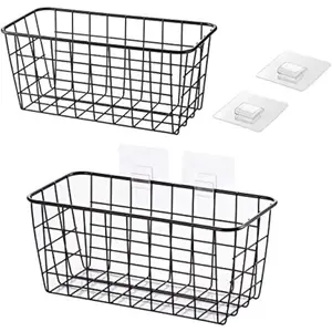 Hanging Kitchen Baskets For Storage Adhesive Sturdy Small Wire Storage Baskets with Kitchen  Pantry Bathroom Shelf Storage No Drilling Wall Mounted,2 PACK,Black