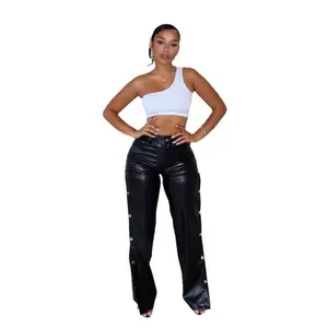 Autumn and winter clothing Leather Straight Pants For Women Black Hollow Out Buttons Patchwork Pants Female Bottoms 2025 New