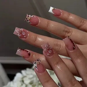 Short square pink-brown leopard print French style press on nails with 3D gold beads, stylish minimalist gold foil octagram, 3D flowers and pearls, with jelly glue and nail file