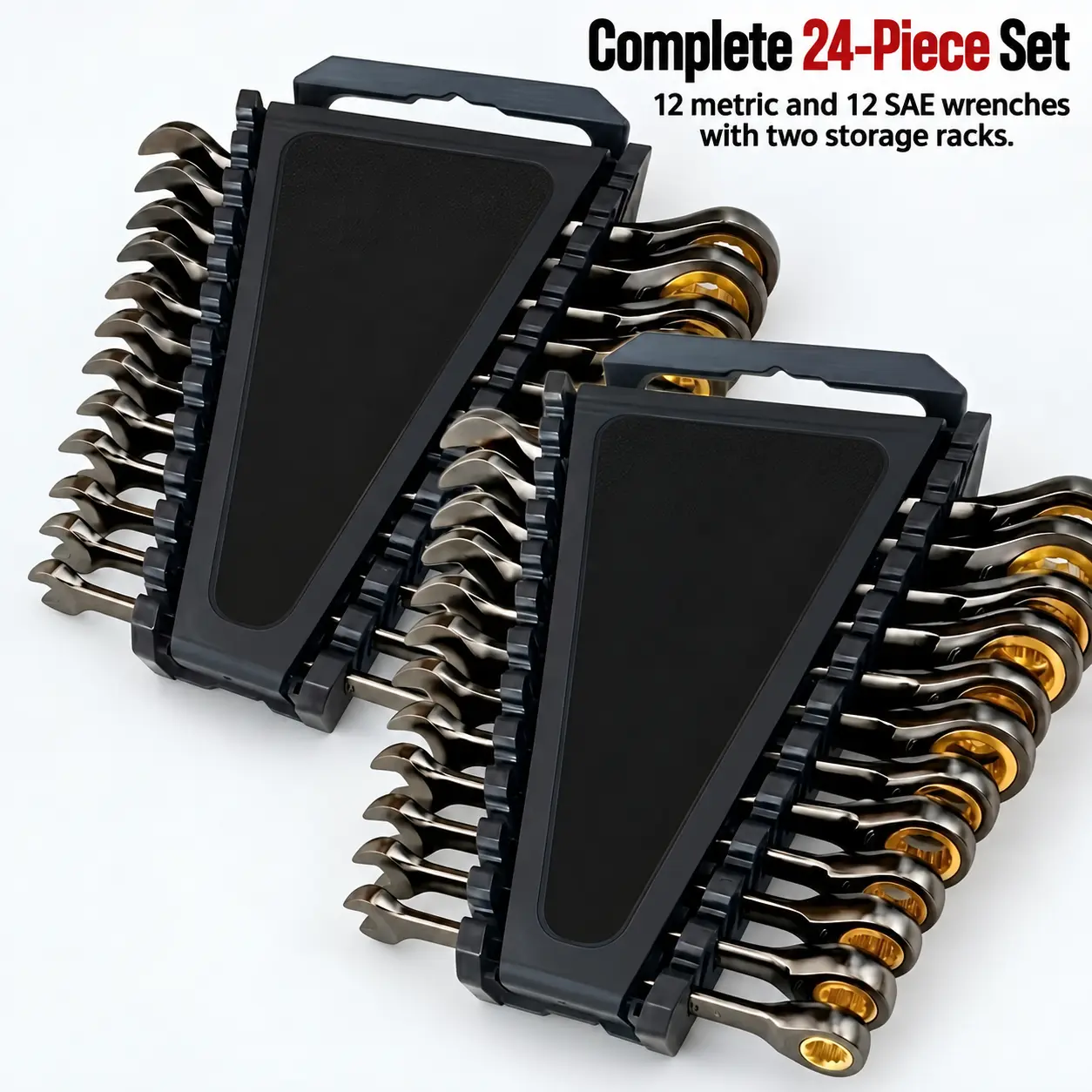 12Piece CR-V Ratcheting Combination Wrench Set, Metric 8-19 mm and SAE 1/4-7/8 in, 72-Tooth Box End with Storage Racks and Gift Boxes for Automotive and Home Repair