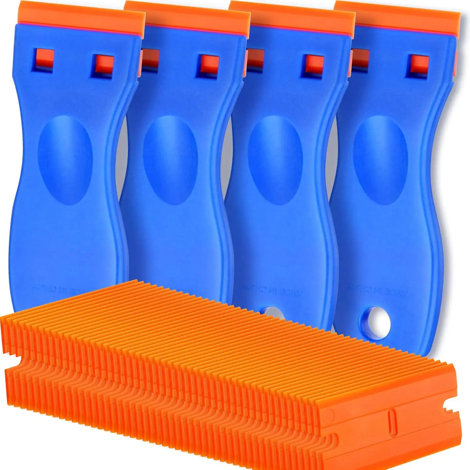 Double Edged Razor Scraper Set - 4 Plastic Tools, 100 Scraper Blades, Easy to Use Versatile Adhesive Remover for Paint, Stickers, Window/Glass Maintenance, Meets Replacement Needs, Scraper Blade, Removes Adhesive