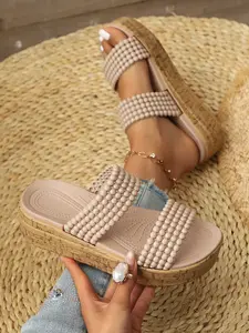 Vintage Handmade Beaded Thick Sole Slip-On High Platform Sandals for Women, Summer Outdoor Anti-Slip Height Increasing Platform Slippers Flatform Footwear