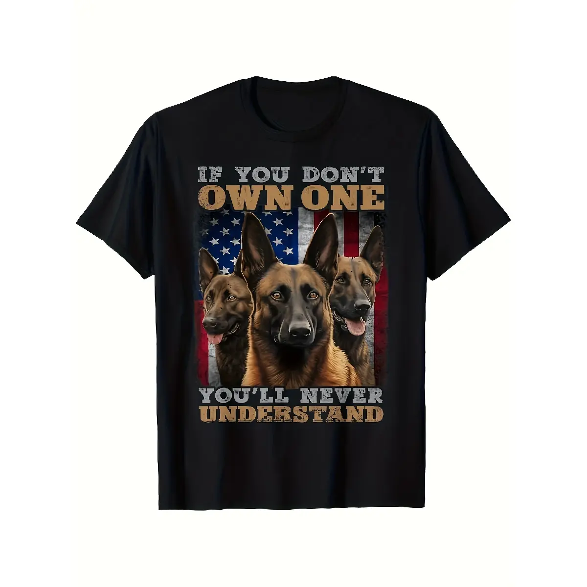 [100% Cotton] 100% Cotton Men's Belgian Malinois & German Shepherd T-Shirt - Retro Belgian Mali & Shepherd Design with American Flag Slogan, Comfortable Round Neck Casual Tee Suitable for Dog Owners, Machine Washable for Belgian Sheepdog Apparel