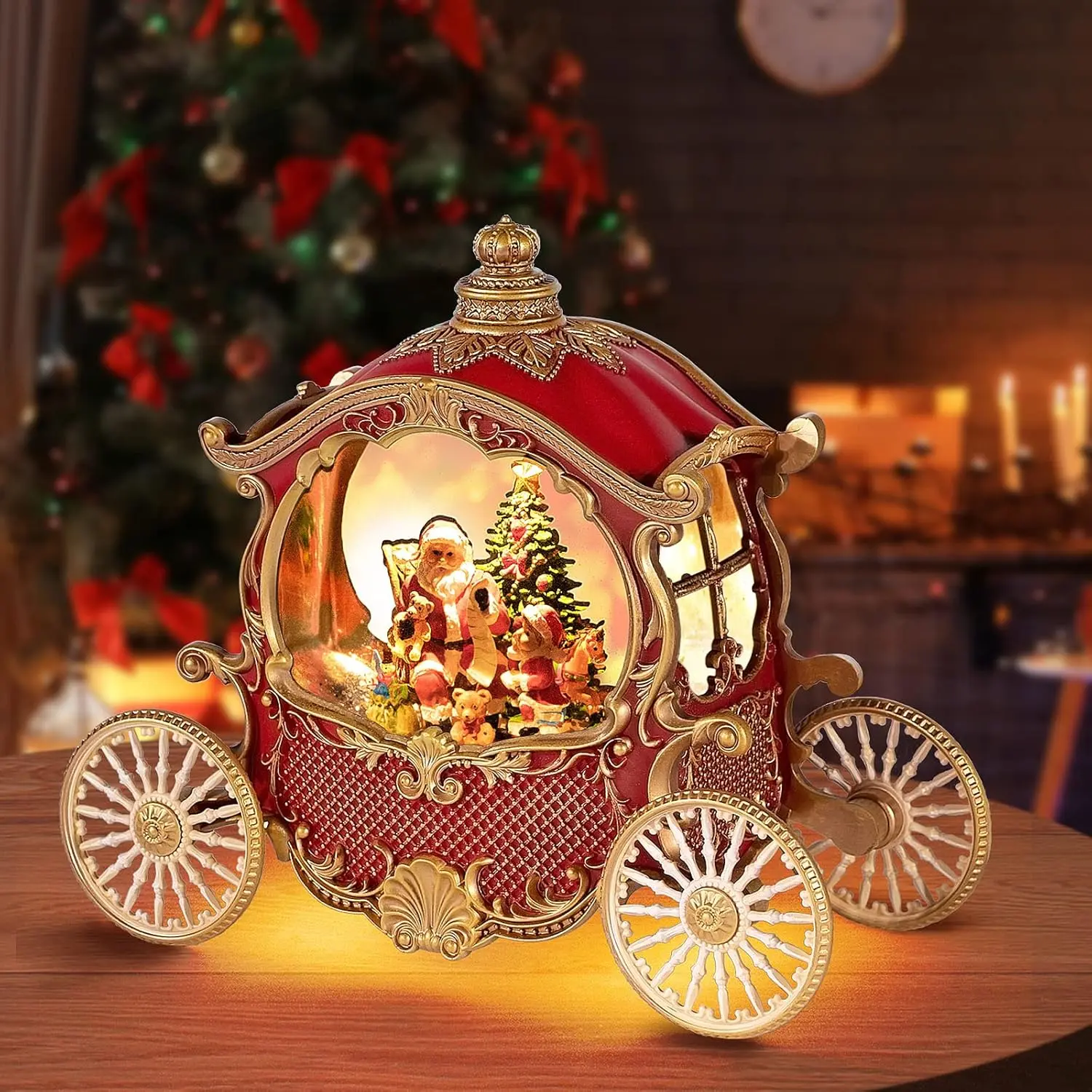 Christmas Snow Globes, Christmas Carriage Snow Globe with 8 Music & Timer, Battery Or USB Powered Glittering for Christmas Table Centerpiece Decoration, Santa and Christmas Tree