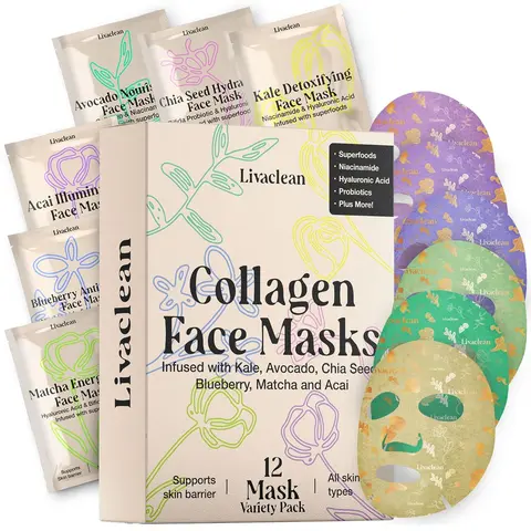 LivaClean 12 CT Face Masks Skincare - Collagen Sheet Mask - Hydrating Face Masks Bulk with Glycerin, Hyaluronic Acid, Aloe Vera - Soothing, Refreshing, Moisturizing Formula for All Skin Types