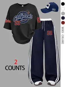 Women's American Vintage California 23 Print 2-Piece Set Clothes Womenswear Short Sleeve T-Shirt & Wide Leg Pants, Casual Loose Fit, All Seasons