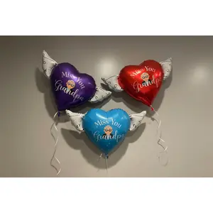 Miss You Grandpa 17" Memorial Balloon – Heart Shaped with Angel Wings Graveside Tribute - 2 Balloons Included