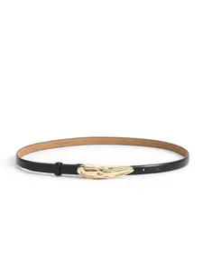 Liquid Luxe Belt in Black Split Leather with Gold Tone Hardware Solid Color Buckle 0.6" Height