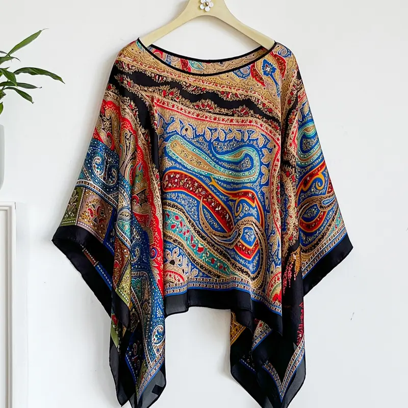 French Luxurious Ethnic Pattern Silk-Feel Shawl, Boho Style Shawl, Windproof Sandproof Soft Scarf Wrap, Fashionable Versatile Accessory for All Seasons