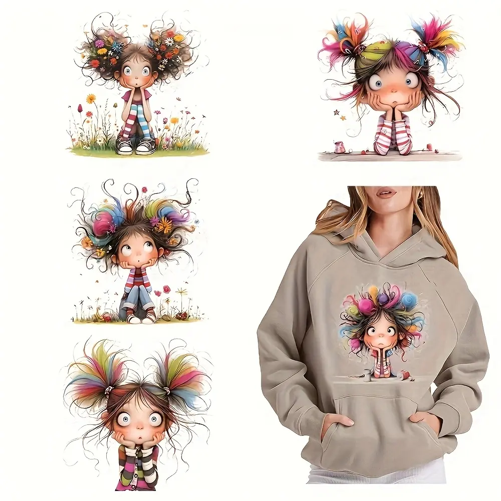 6-Piece Cartoon Girl Heat Transfer Patches, Vibrant Designs for T-Shirts, Masks, Jeans & Backpacks, Durable Vinyl Material, Easy Application