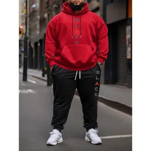 【PlusSize】LetterPrintZipUpHoodie&SweatpantsSet,CasualLongSleeveHoodedSweatshirt&JoggerPants,Men'sTwo-pieceOutfitsforFall&Winter