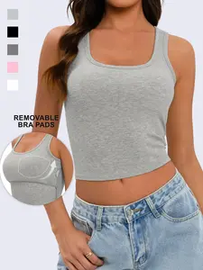 WIETRY Women Rib Tank Top Padded Workout Top Square Neck Crop Tank Fitted Basic Cami Tops /W4