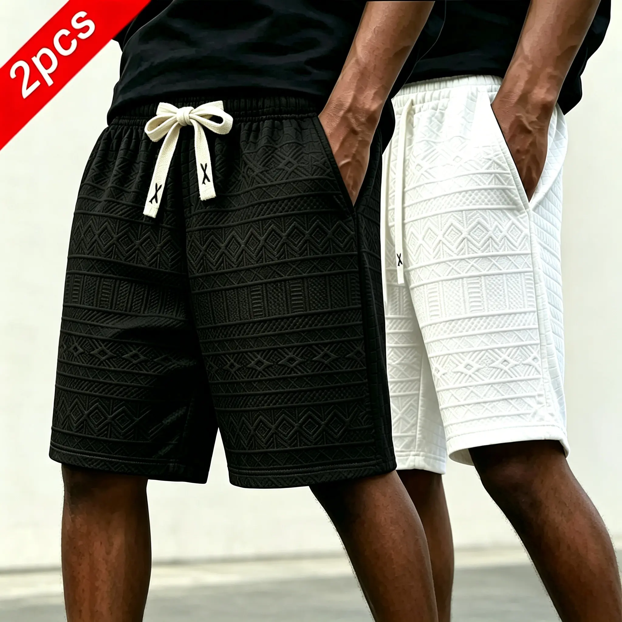2-pack men’s casual shorts: tribal print fabric shorts, drawstring elastic waist casual shorts with side pockets, trendy street fashion men’s shorts, suitable for outdoor gatherings and meals, summer men’s shorts.