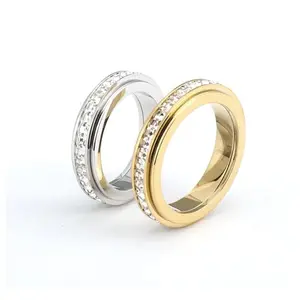 Spinner Anxiety Ring for Women – Titanium Steel Fidget Band with Cubic Zirconia – Stress Relief Promise Ring, Wedding or Lucky Statement Jewelry, Comfort Fit Size 5-9