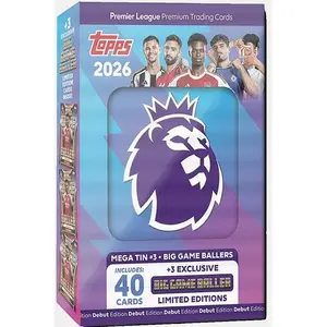 Premier League Topps 2026 Mega Tin Random Soccer Card Set Includes 40 Cards 3 Exclusive LE Cards and Hassentials Sticker