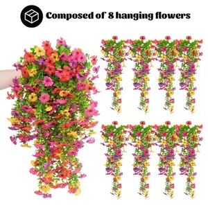 8Silk Chrysanthemum with Eucalyptus Leaves, Artificial Hanging Flowers Plants, for Outdoor Autumn Decoration, UV Resistant, Realistic Appearance, Long Drooping Vines, Suitable for Outdoor & Indoor Planters, Porch, Balcony, Yard Decoration
