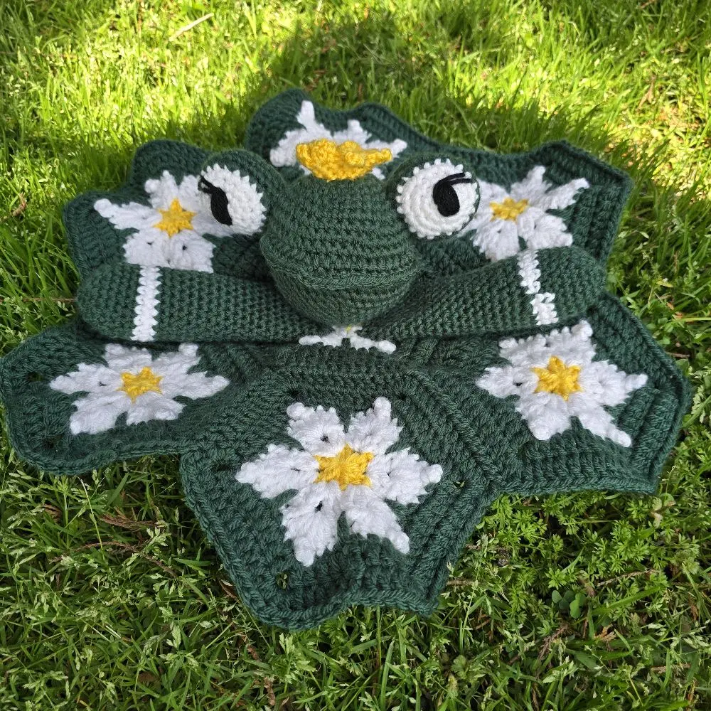Crochet Lovely Snuggly Prince Frog Handmade Dark Green with Yellow Granny Square Patterns, Super Soft 100% Acrylic, Cute Design