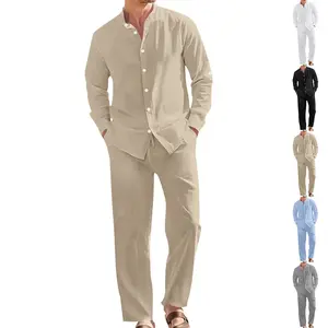 Men's Seasonal Linen Casual Two-Piece Set: Stood-Up Collar Long-Sleeved Shirt and Loose-Fit Long Pants for Men