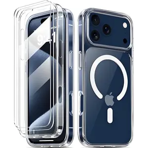 Transparent protective case with tempered glass screen protector, slim, lightweight, Magnetic with MagSafe, shatterproof, shockproof, suitable for Apple iPhone 17, 16, 15, 14, 13, 12, 11, X, XS, XR / Pro Max / Air / Plus / Pro / Mini