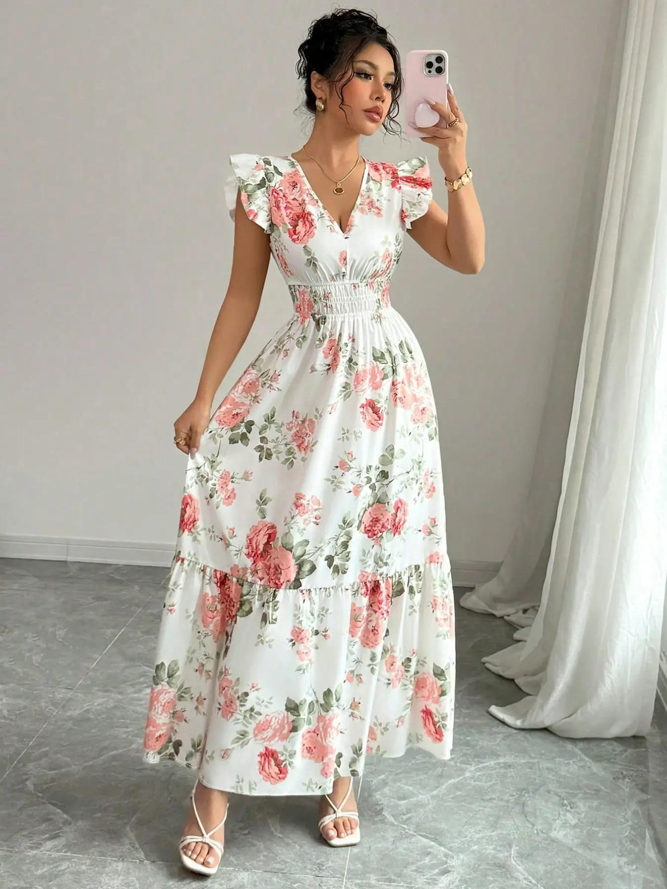 Elegant Chic Bohemian Deep V Long Dress, Floral Print, Pleated Waist, Bell  Bottom Hem, Casual Wear, Perfect for Summer Dates and Vacations - TikTok  Shop