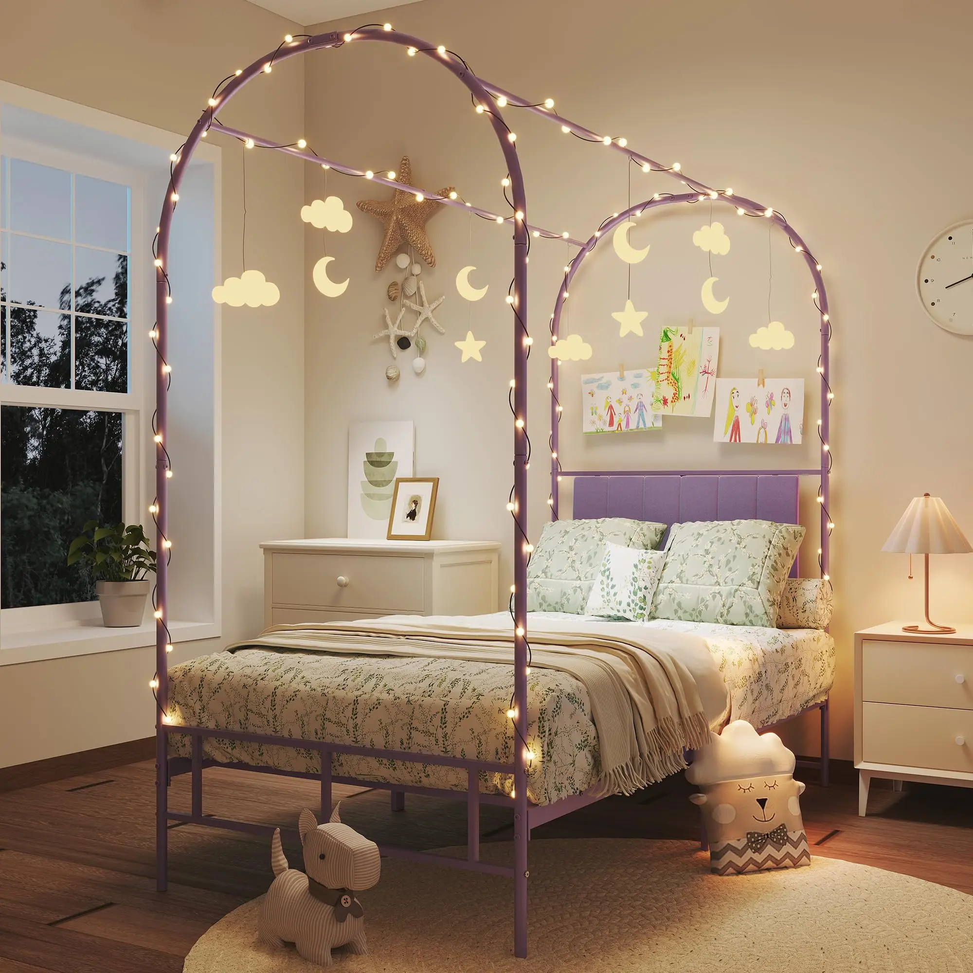 Garvee Twin Canopy Bed Frame with Upholstered Headboard, Durable Steel Slats, No Box Spring Needed, Easy Assembly, Perfect for Girls' Bedroom, Purple Kids Platform Bed Frame