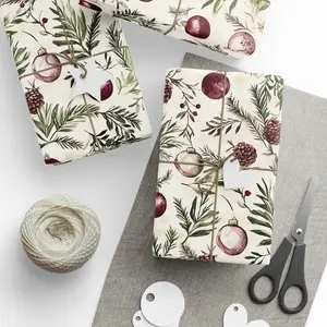 Classic Christmas Pine Cone and Candy Canes with Holly Wrapping Paper Roll, Wintery Christmas Gift Wrap