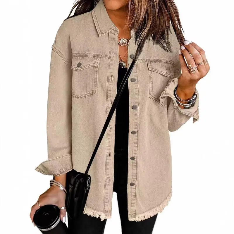 Washed Denim Shirt Jacket for Women with Unique Style and Frayed Hem Womenswear Coats