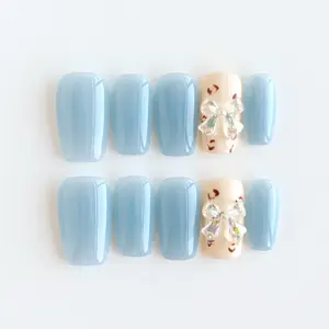 Milk Blue Sugar Bean| 10 PCS New Chinese Style Handmade Press On Nails, Light Blue Transparent Bow Press On Nails, Ice Transparent Base with Glitter Bow Decoration, Fresh Sweet Girl Style, Summer Street Wear Nail Set