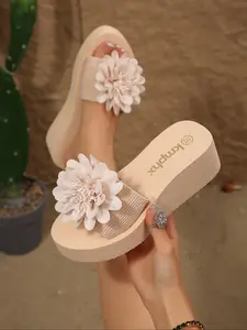 Women's Beige Knit Stripe 3D Flower Decor Platform Wedge Slide Sandals, Fresh Pastoral Vacation-Chic Style, Sweet Casual Slides  #PastoralVacationShoes, #3DFlowerSlides, #SweetChicPlatformSlides