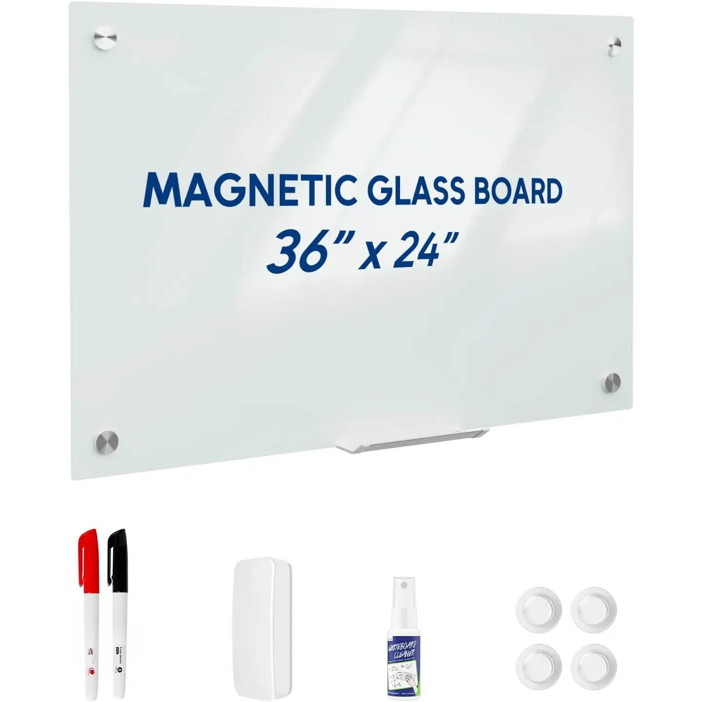 Tempered Glass Frameless Dry Erase Board - 24"x36" Wall-Mounted Office Presentation Board, Durable and Beautiful, Includes AP-Certified Cleaner, Eraser, Marker, Easy Installation & Flexible Hanging