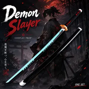 Anime Nichirin Sword Prop, Demon Slayer Replica Katana, Cyan Serrated Blade with Red Print, Flame Shaped Tsuba, Black Glossy Scabbard, Cosplay Shoot & Anime Fan Collection, New Upgrade