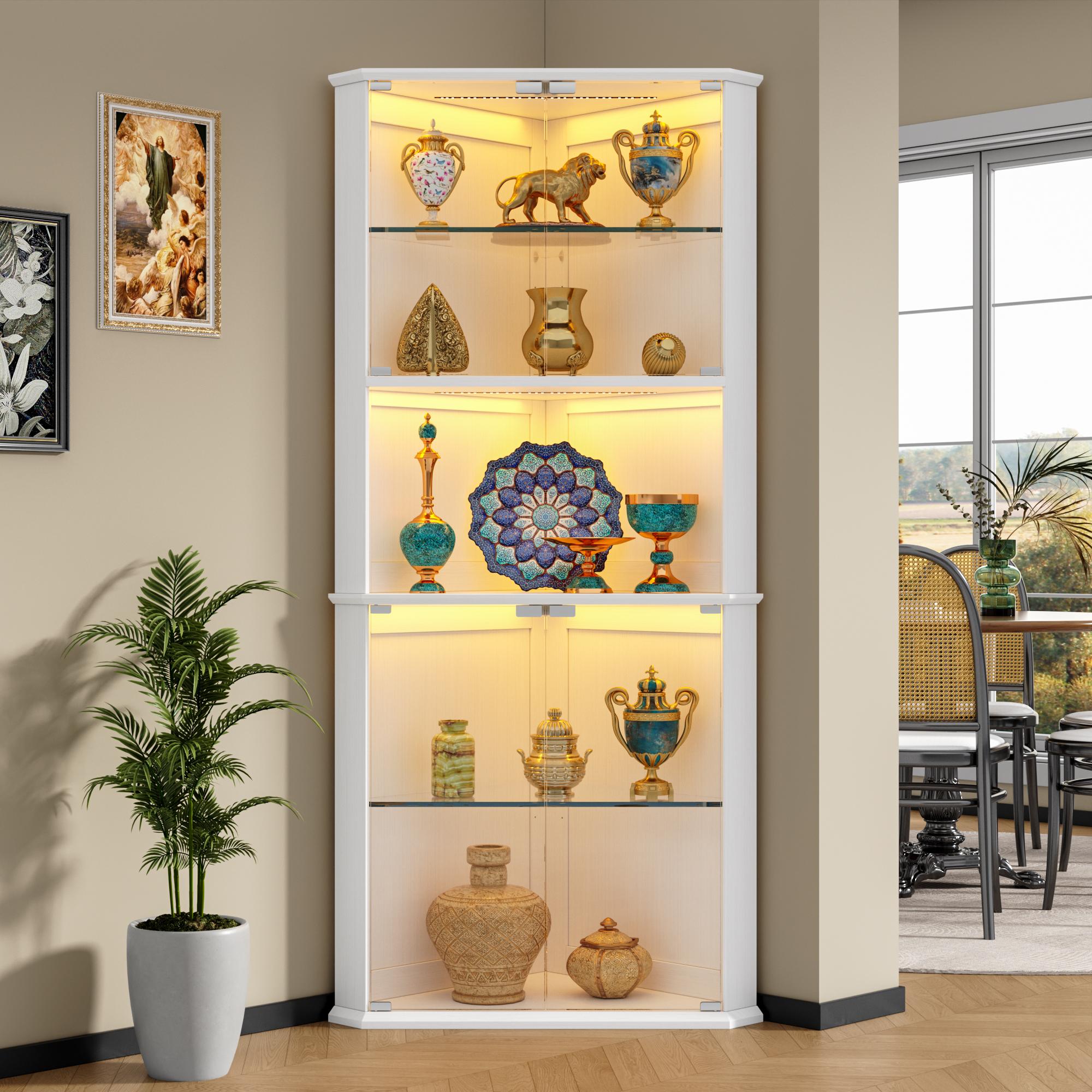 kepptory 71.8" Corner Display Cabinet with LED Lights, 6-Tier Tall Curio Cabinet with Adjustable Glass Shelves&Glass Door, Wine Cabinet for Living Room, Home Bar
