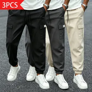 3-pack: men’s casual jogger pants, men’s joggers, men’s long pants; street-style apparel; solid color, minimalist design; multiple pockets; elastic waistband; mid-rise drawstring; suitable for everyday wear, home, outdoor activities, hiking, and more—an e