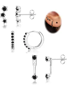 Exquisite 3 Pairs Silvery Stud Earrings Shining Black Zirconia Trendy Copper Stud Hoop Cartilage Earrings Set for Women Men Small Hypoallergenic Earring Stacks for Sensitive Ears Non Tarnish Dainty Earrings