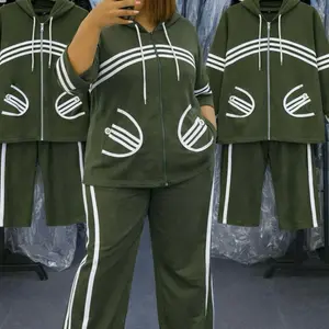 Olive Green Hooded Sweatshirt & Matching Pants Set for Women - 2Piece Set with Stylish Stripes and Comfortable Fit