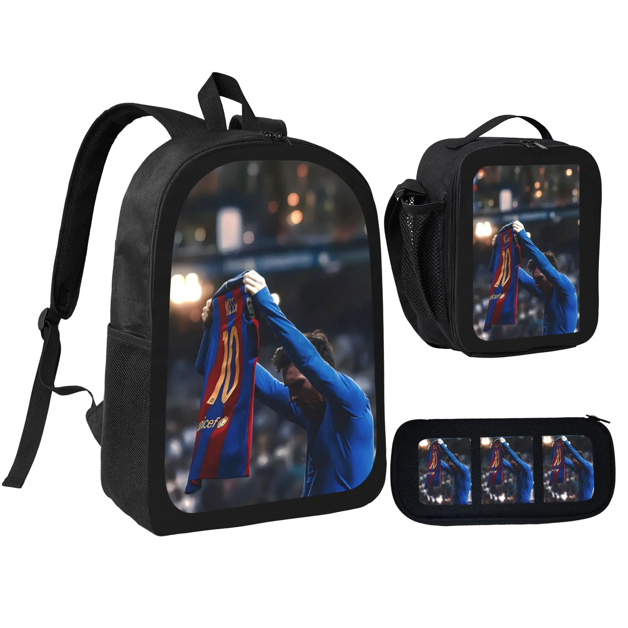 Durable Youth Sports Football Star Messi56 Backpack 3-Piece Set for Teenagers, School Bookbag with Lunchbox & Pencil Box, Office Travel Bag Ideal Gift, Durable Backpack, Youth Sports Backpack