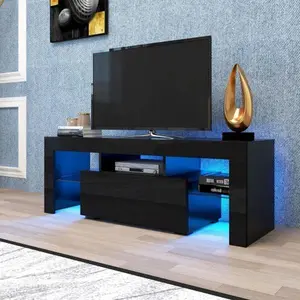 Bellemave Modern LED TV Console Cabinet - High-Gloss UV Front, Down-Flip Door, Glass Shelf Entertainment Center for TVs Up to 55 In, Living Room & Bedroom, White, Tv Stand Living Room