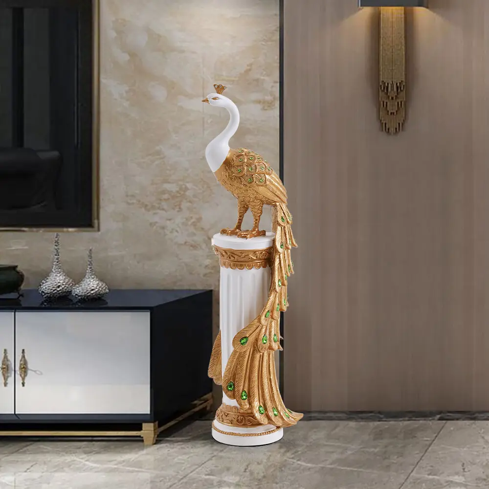 Homary 27.6" Large Glam Resin Peacock Floor Statue - Modern Home Decoration Item, Interior Decoration Accessory for Living Room (White & Gold), Statues, Decoration Items Home Decore Decorative Figurines