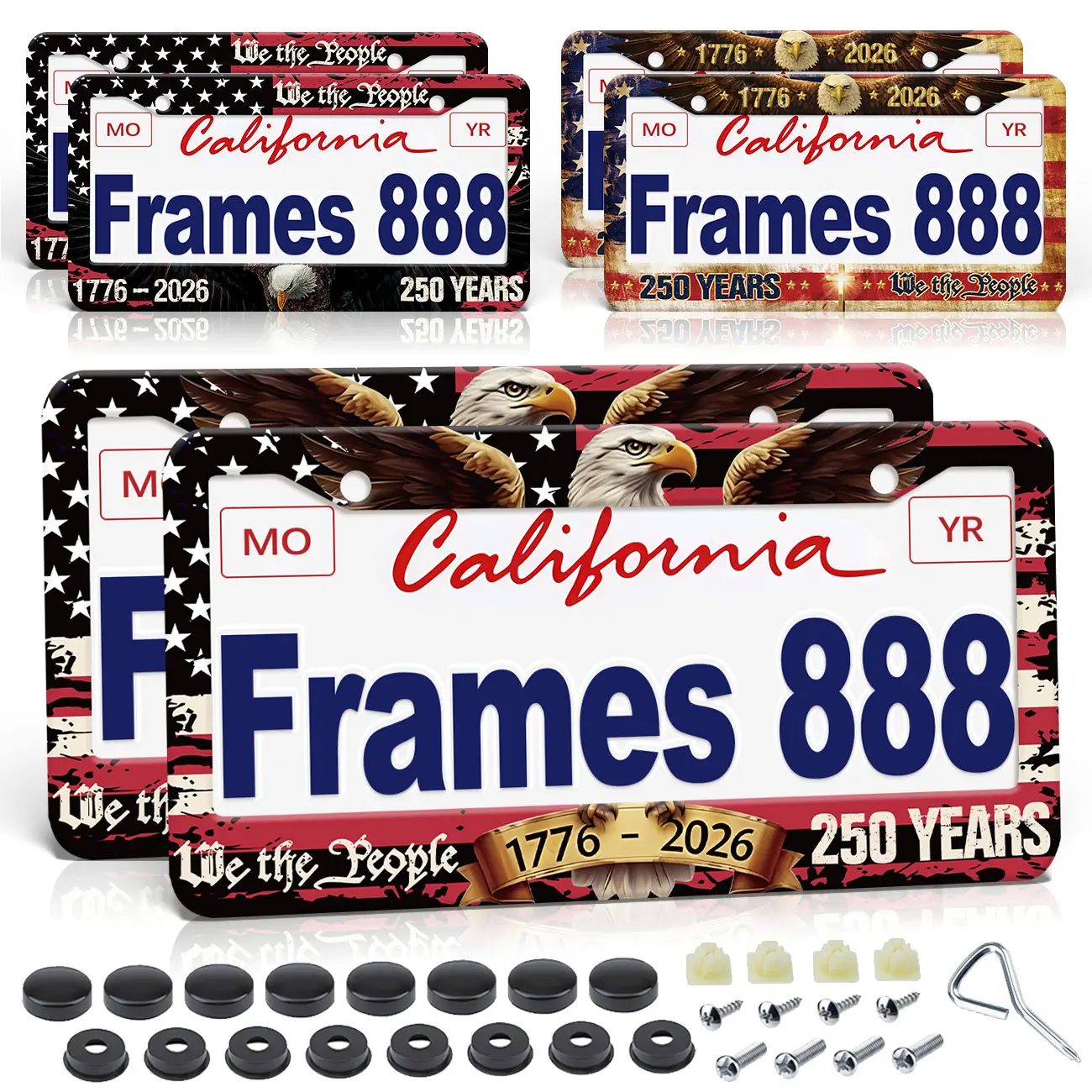 Automotive License Plate Frames 2-Pack - 1776-2026 4th of July American Flag Matte Stripe Gloss Aluminum Patriotic Holder, Universal Fit Front/Rear Tag Cover, Includes Screws & Caps, Accessories for Car, Auto Parts