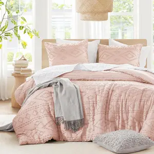 Comforter for King Size Bed, Geometric Tufted Boho Comforter Set, All Season Lightweight Bedding Set, Matching Sham, King/Cal King Pink 3 Piece