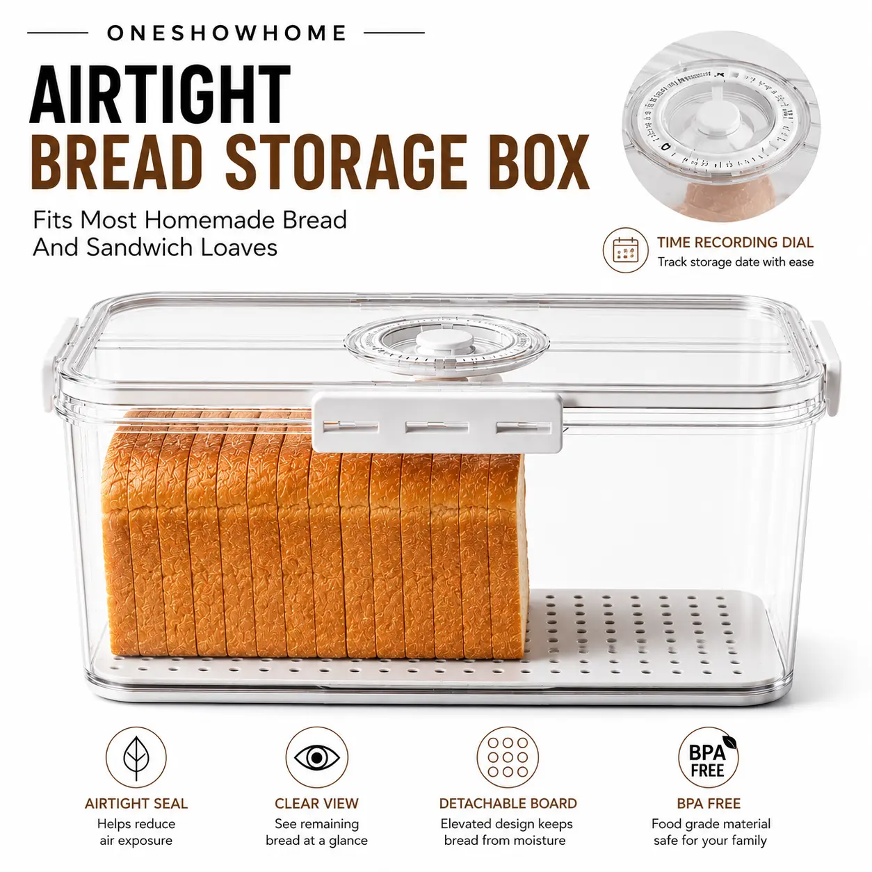 ONESHOWHOME Airtight Bread Box with Time Recording Dial Transparent Silicone Storage Container for Homemade Bread Sandwiches and Fruits Large Capacity Detachable Lid Thick Material Kitchen Utensils mid year sale deals for you restock summerwins
