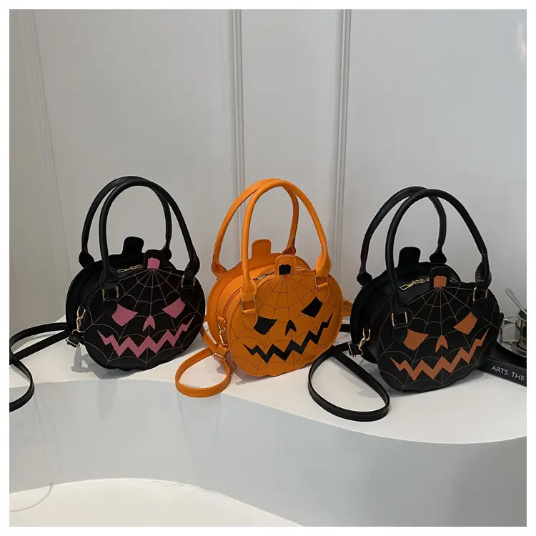 Women's Spooky Pumpkin Print Handbag - Stylish Halloween Accessory, Purses for Women with Black, Orange Options, Distinctive Handles for Party Use