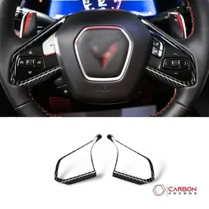 C8 Corvette Real Carbon Fiber Steering Wheel Chrome Trim Delete Covers | Interior Overlay (2020–2026)