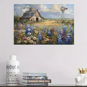 Wooden Framed Country Barn Landscape Canvas Print - Vibrant scene of wildflower fields and windmills, perfect for decorating the living room, bedroom, or office - Gift Canvas Print | Vibrant wall decoration | Wooden framed canvas, farmhouse home decor