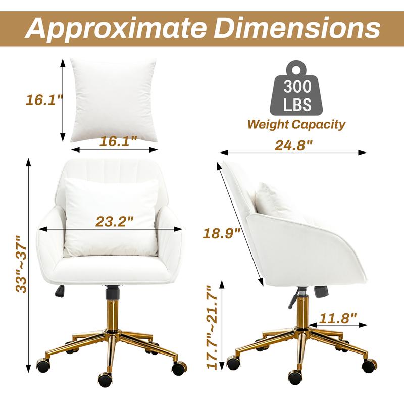 Home Office Desk Chair Comfy with Adjustable Swivel Wheels, Modern Velvet Makeup Vanity Chair with Back & Pillow, Ergonomic Office Chair Computer Task Chair for Living Room, Bedroom