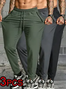 Men's 3 Pack Quick Dry Athletic Joggers, Lightweight Stretch Workout Pants, Zipper Pockets, Elastic Waist, Tapered Casual Trousers