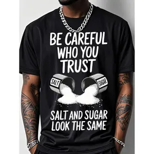 Women's Outdoor Fitness T-Shirt, 200g Cotton Breathable Stretch Fabric, Salt Graphic Print, "Be Careful Who You Trust" Slogan, Short-Sleeve Crew Neck Top