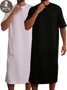 2 Pcs Men's Loose Long Sleepwear Dress, and Short Sleeve Home Clothes, Wearable Robe, Comfortable Nightgown Set