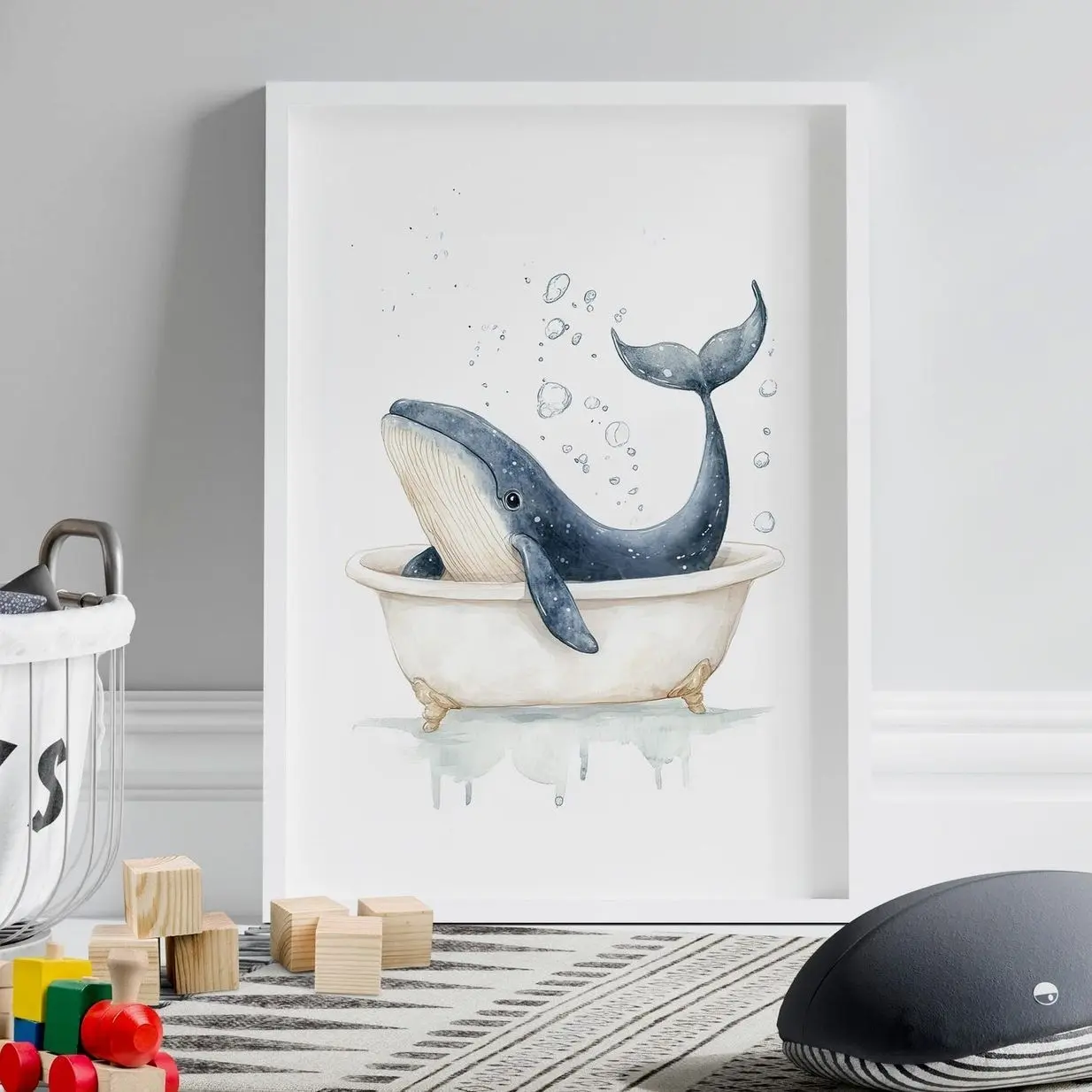 Baby Blue Whale in a Bathtub Watercolor Painting Poster or Canvas, Nursery Wall Decor, Cute Sea Animal Print, Minimalist Whale Tail Frameless Poster T