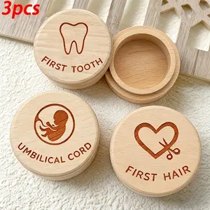 3-Piece Wooden Storage Box Set: First Baby Tooth Box, Newborn Hair Box, Umbilical Cord Box, Tooth Collection Box, Fetal Hair Storage Box, Baby Tooth and Fetal Hair Dual Use Box, Tooth Preservation Box, Newborn Souvenir, Home Decoration